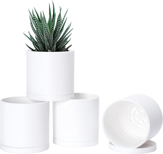 D'vine Dev 4 Pack 4.5 Inch Modern Plastic Plant Pots, Small Garden Planters for Plant with Drainage Holes and Saucers, White Color, 74-Z-F-2