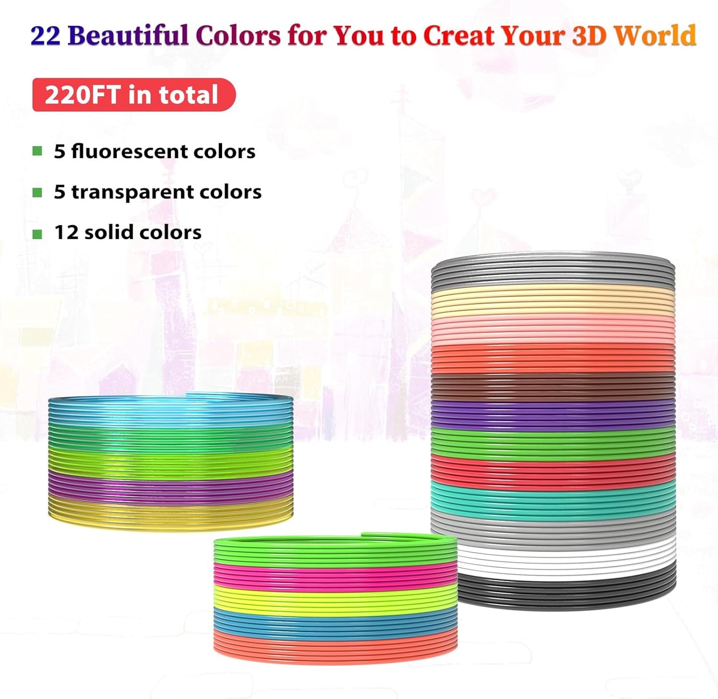 22 Colors 3D Pen Filament 1.75mm PLA, Each Color 10 Feet, Total 220 Feet 3D Pen Filament Refills 3D Printing Pen Refills with High-Precision Diameter Not Compatible with 3Doodler Pen