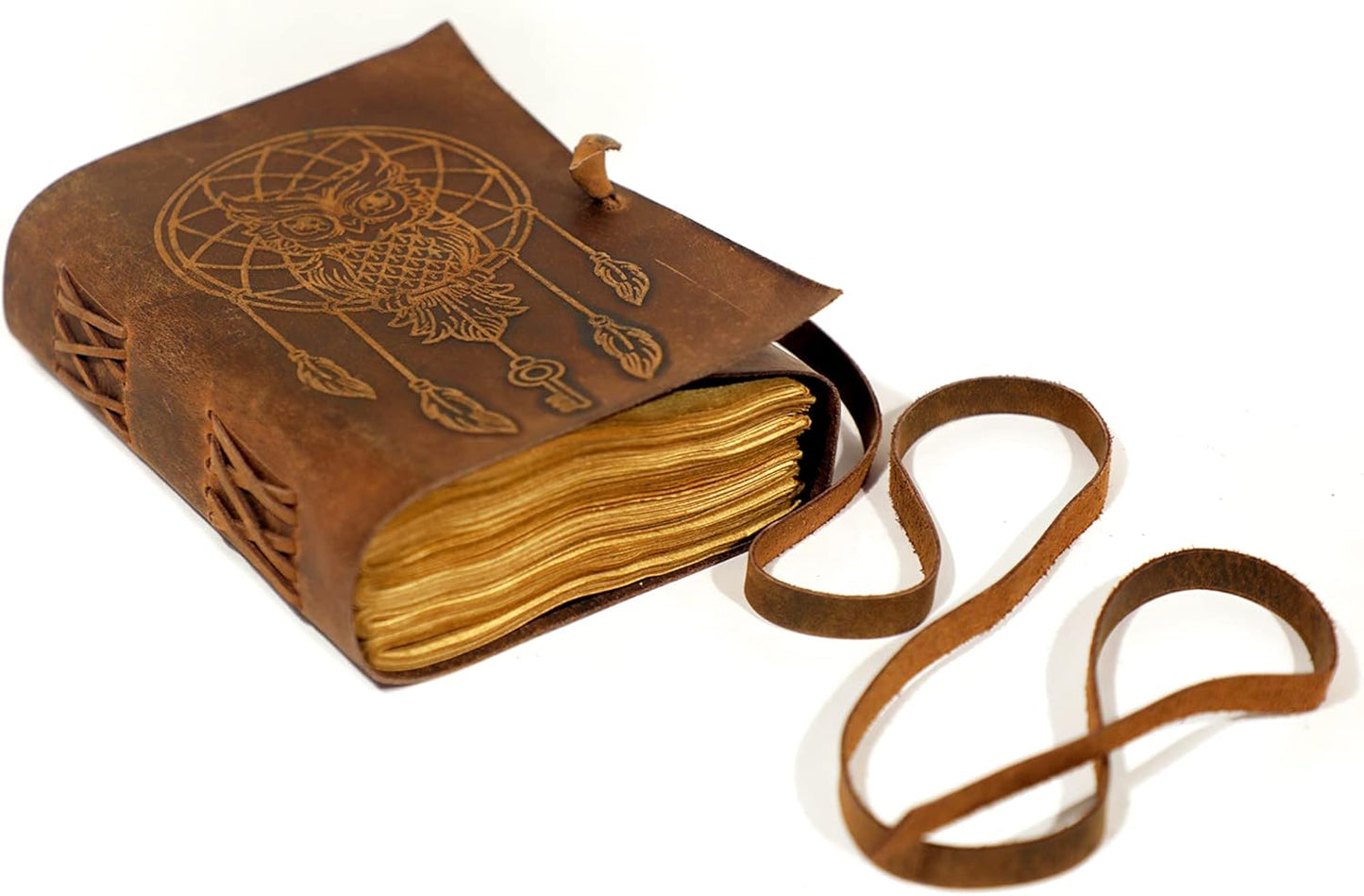 Urooj Handicraft Book Of Shadows journal blank dream catcher with owl leather witchcraft books grimoire spell sketchbook college poetry personal notebooks (Owl Brown)