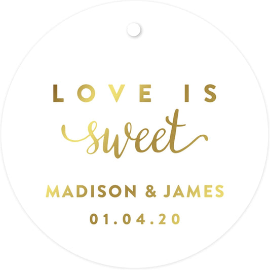 Andaz Press Personalized Round Circle Wedding Gift Tags, Metallic Gold Ink, Love is Sweet, 24-Pack, Custom Made Any Name