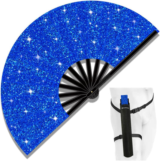 13" Large Folding Rave Fan with Holster, Clack Hand Fans Foldable for Line Dancing, Boots On The Ground Fan for Women Men Festival EDM Party Decoration, Glitter Blue