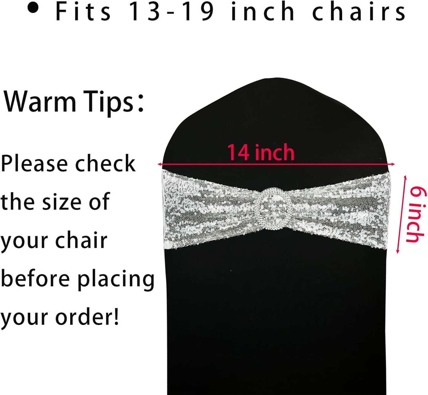 10 Pcs Chair Sashes Sequin Stretch Chair Bands Spandex Polyester Bows for Party Hotel Wedding Banquets Decoration -Silver