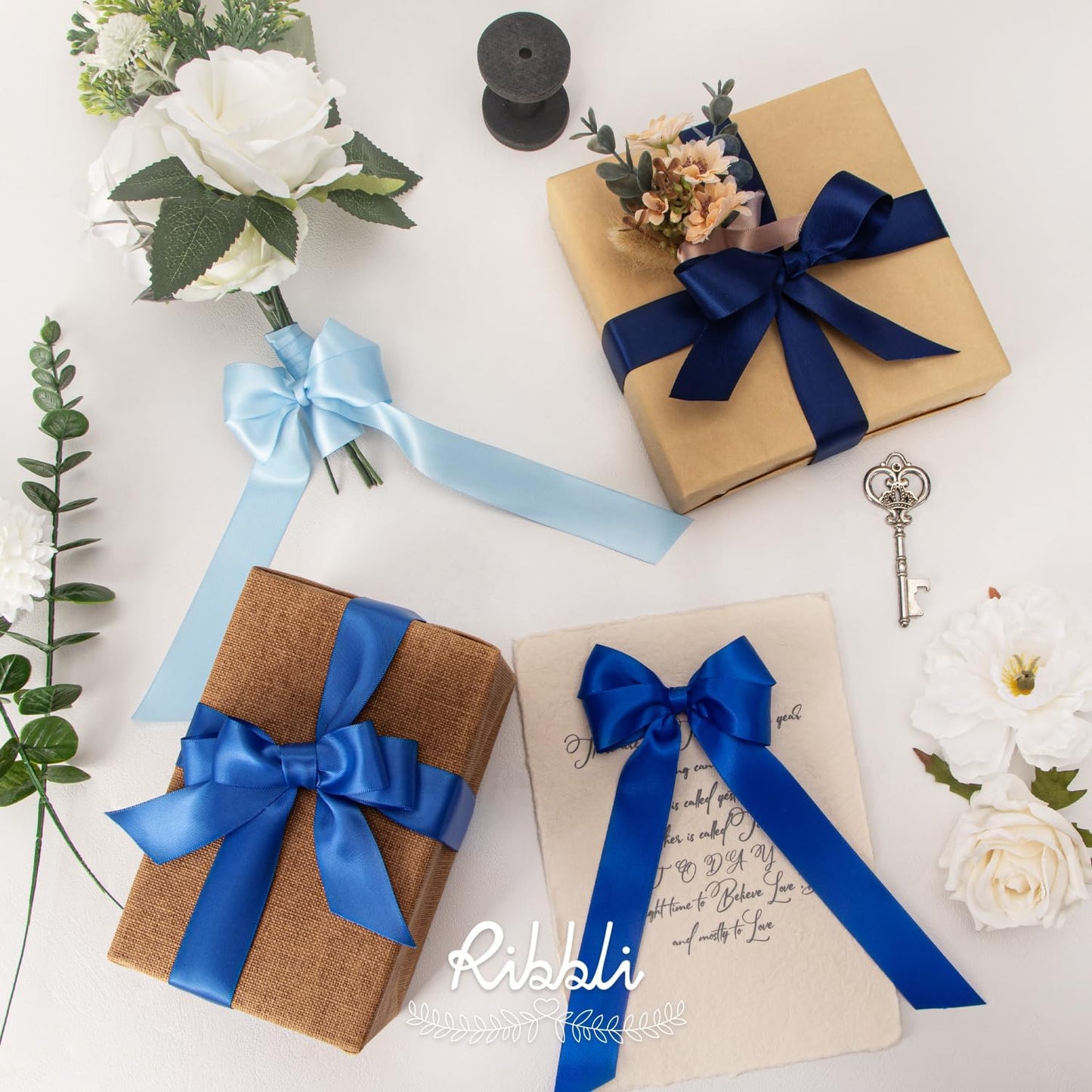 Ribbli Blue Satin Ribbon 1 Inch x 4 Rolls Total 40 Yards- Baby Blue/Royal Blue/Electric Blue/Navy Ribbon for Gift Wrapping Craft Wedding Decoration