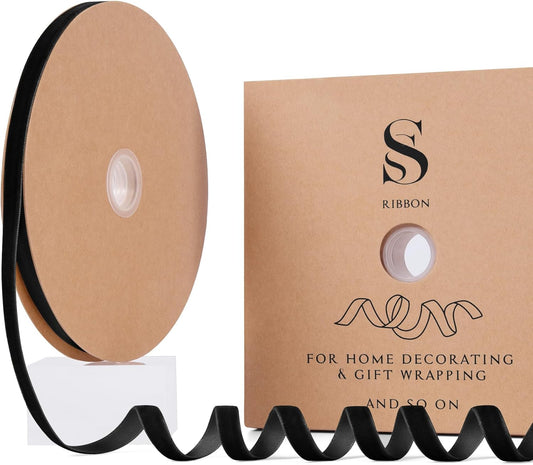 Black Christmas Velvet Ribbon for Tree, Gift Wrapping, Flower Bouquet, Wreath Decorations, Bow Making 3/8'', 25 Yards