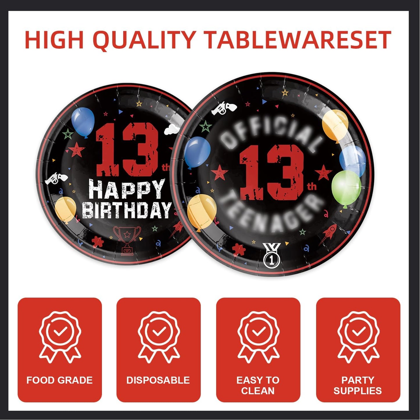 123pcs 13th Red and Black Party Decorations,Happy Birthday Banner Flags Paper,cups Straws Forks Cake Toppers Dessert plates Tablecloths and dinner plates,Officially a Teenager 13th Birthday Supplies