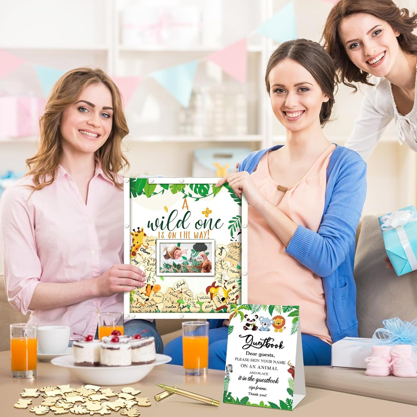 65 Pcs Safari Animal Baby Shower Guest Book Alternatives He or She Gender Reveal Baby Shower Decorations Sign in Guest Book with Picture Frame and 60 Wooden Chip