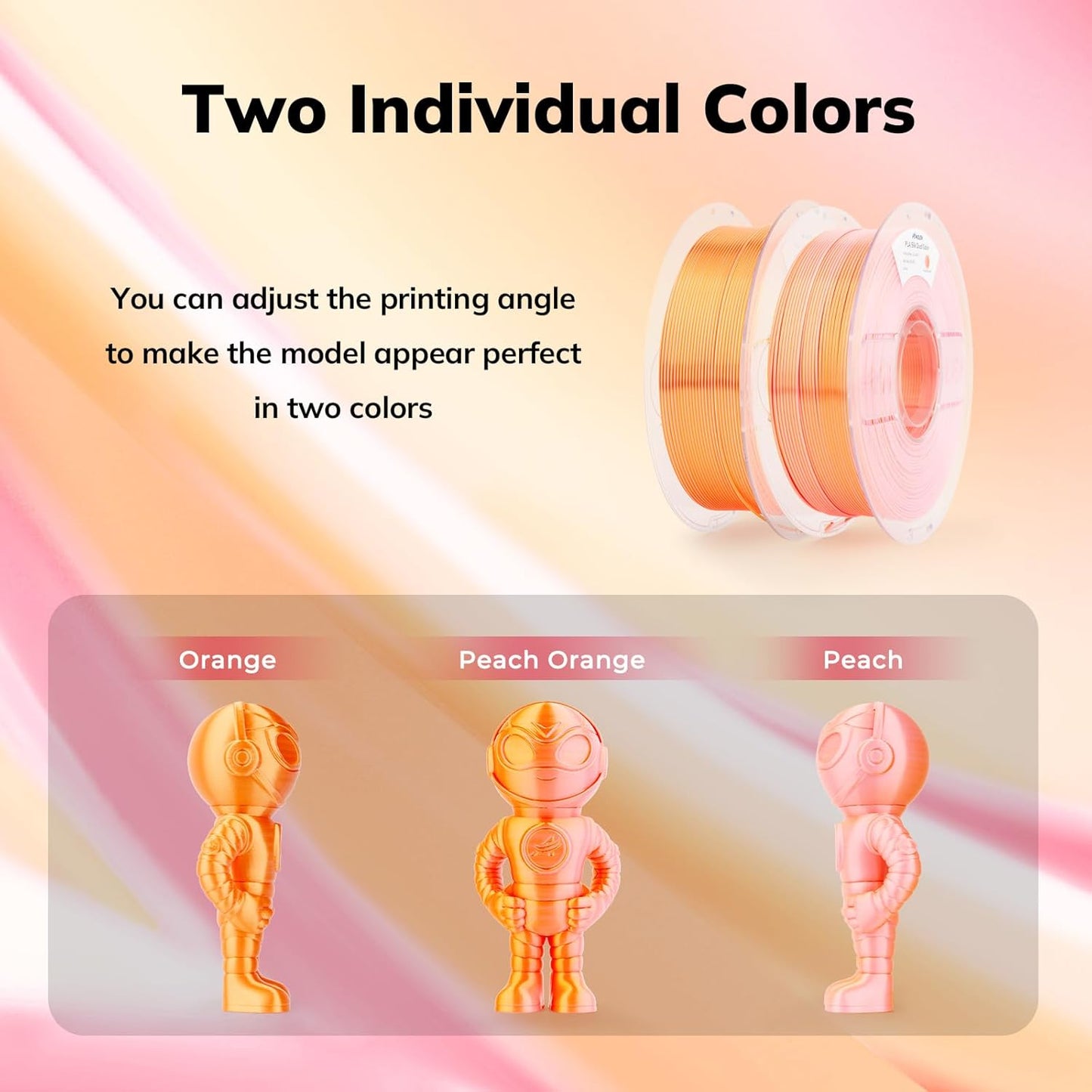 AMOLEN Silk PLA 3D Printer Filament, Dual Color Pink Orange PLA 1.75mm, Shiny Color Change Filament 3D Printing PLA Filament for Most FDM 3D Printer, 1kg Spool(2.2lbs), Peach Orange