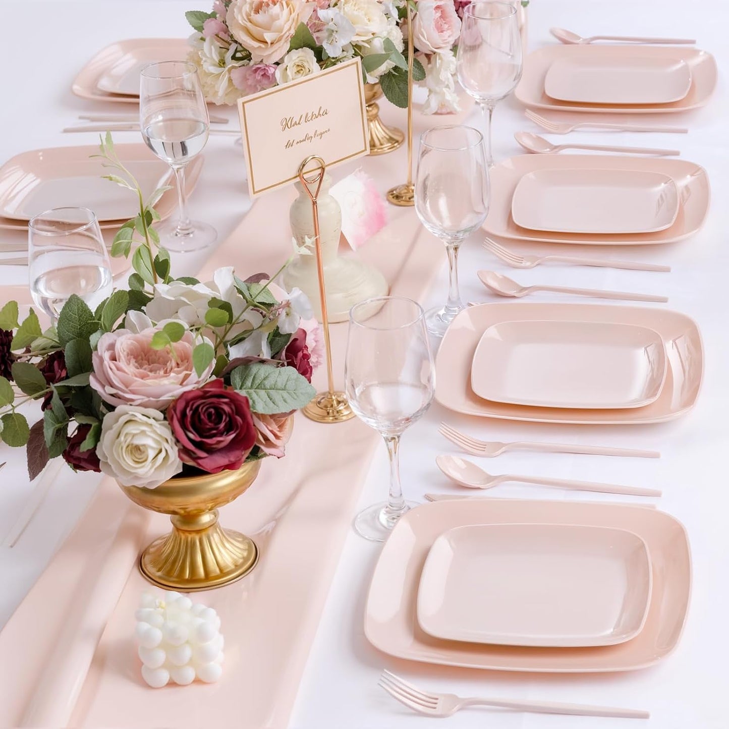 PULOTE 60PCS Pink Square Plastic Plates Disposable - Premium Quality Pink Set Include 30 Dinner / 30 Dessert Plates for Party,Wedding & Mother’s Day