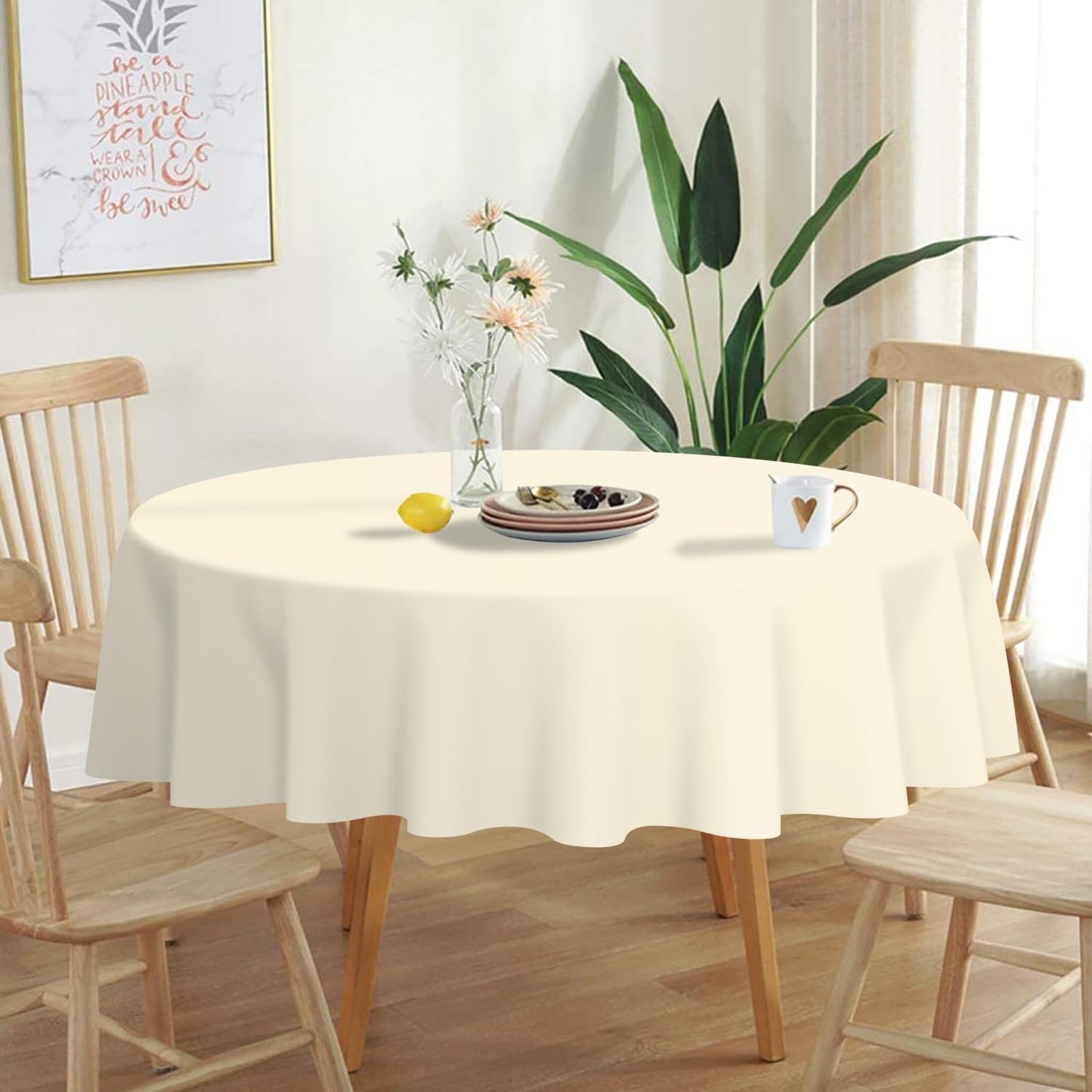 QIKSION Ivory Round Tablecloth 12 Pack, 84 Inch Plastic Table Cover Disposable for Parties