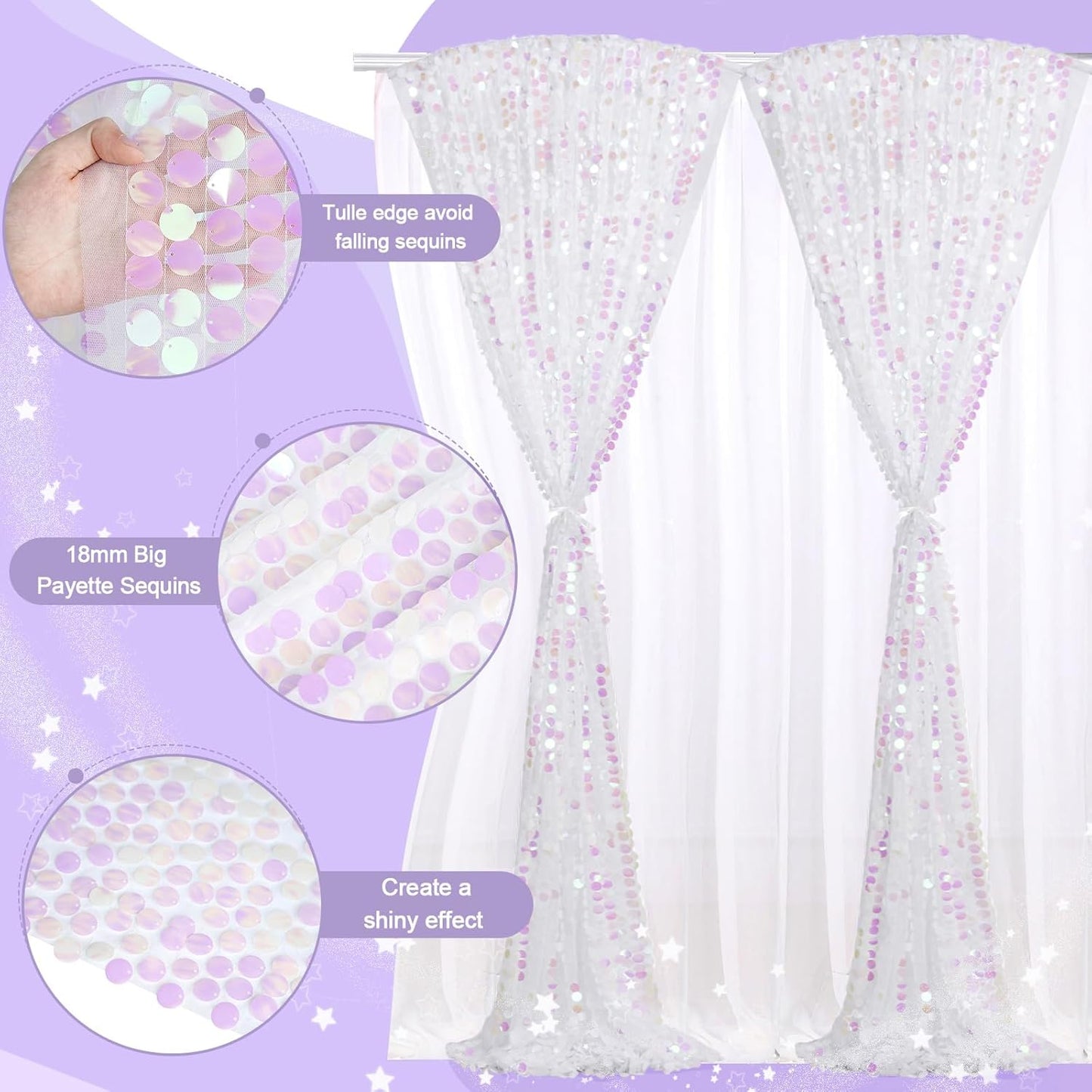 Large Payette Sequin Backdrop 2 Panels 4ftx8ft Iridescent White Glitter Fabric Curtains Mermaid Themed Party Backdrop Backgrounds