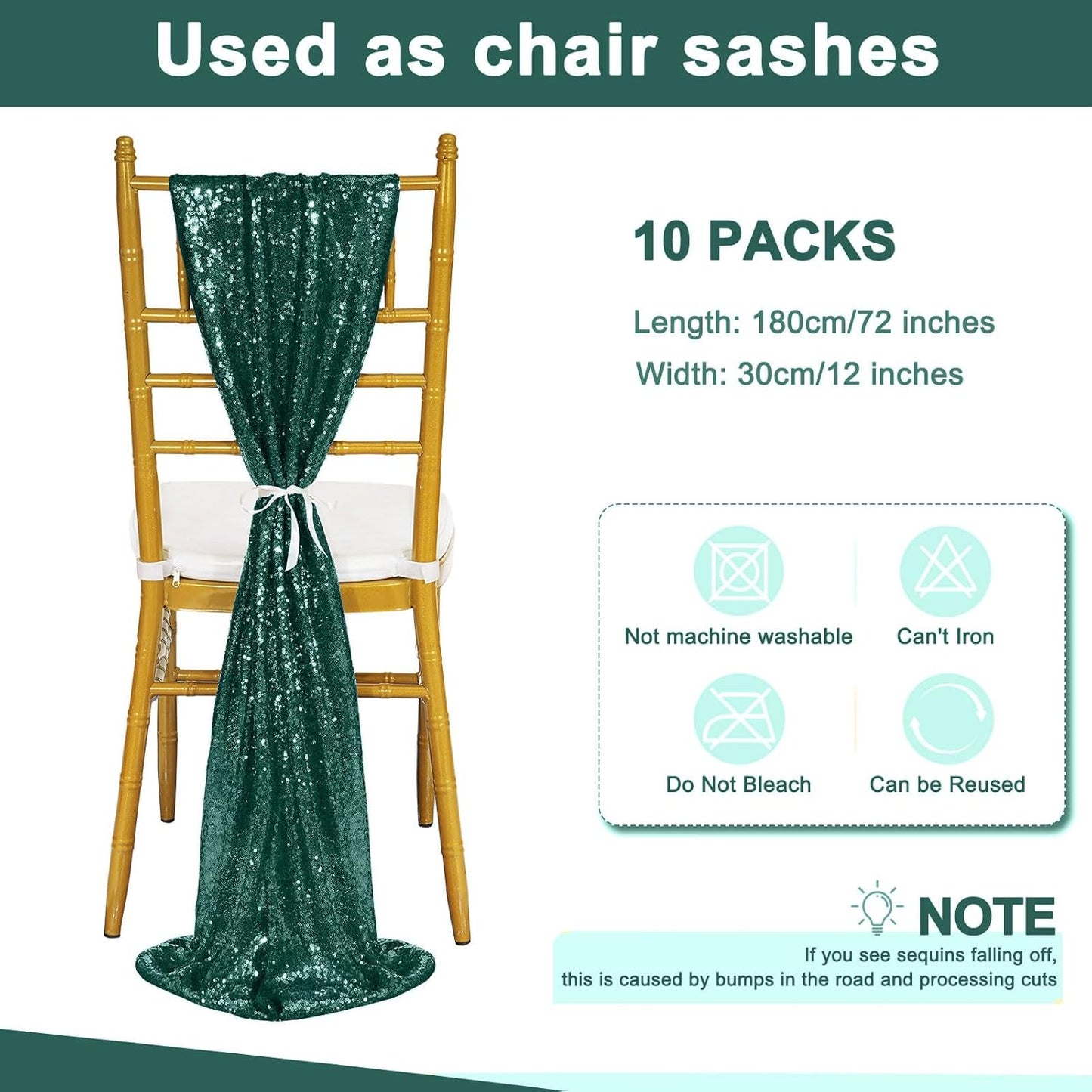 Sequin Table Runners 10 Pieces Emerald Green Table Runners 12x72 Inch Glitter Dining Table Cover for Party Wedding Birthday Reception Banquet Decoration Spring Party Chair Sashes