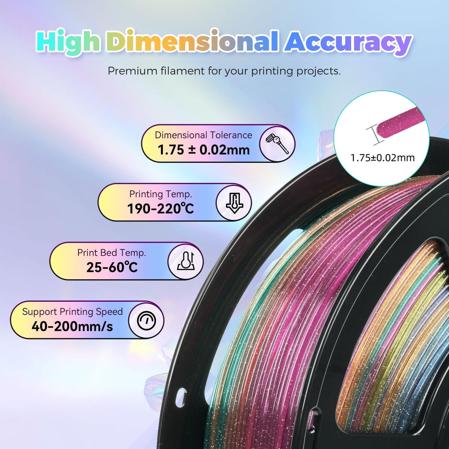 FLASHFORGE Translucent Glitter PLA Crystal Rainbow Candy Filament, Shiny Sparkling Gradient 3D Printer Filament, Fast Color Change Between Yellow Pink Blue Green, Adjustable Transparency