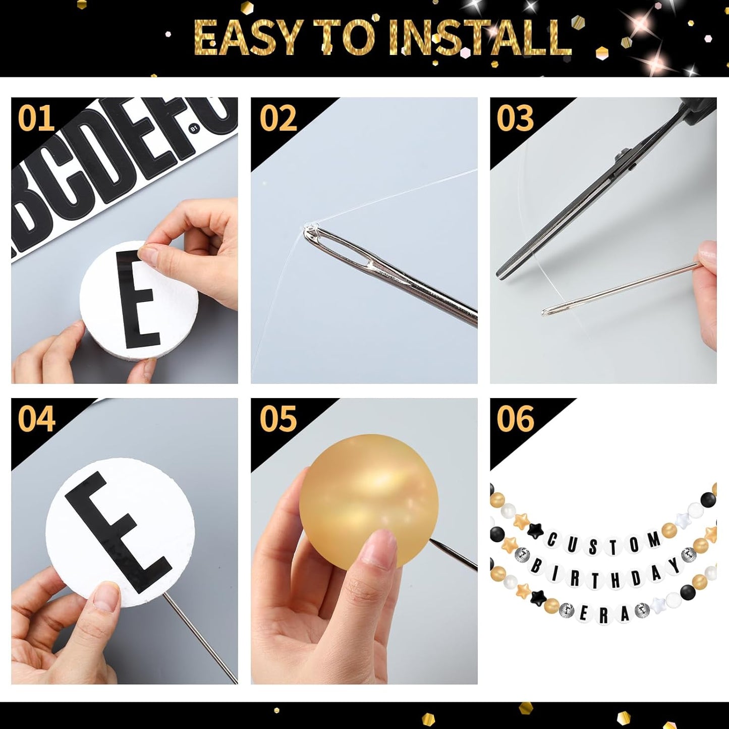 Giant Friendship Bracelet Garland Kit, DIY Birthday Banner with Letters Ball Jumbo Customizable Friendship Bracelet Decor for Halloween Christmas Wedding Party(Black, Gold, White)