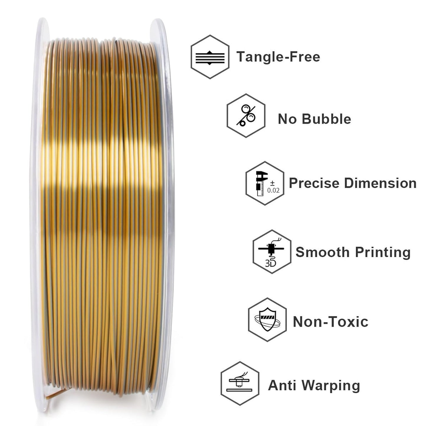 Geeetech Silk PLA Filament 1.75mm Silk Dual Color Filament, Coextrusion Dichromatic Metal-Like Shiny Consumable 1kg (2.2lbs) 1 Spool, Dimensional Accuracy +/- 0.02 mm, Gold Silver