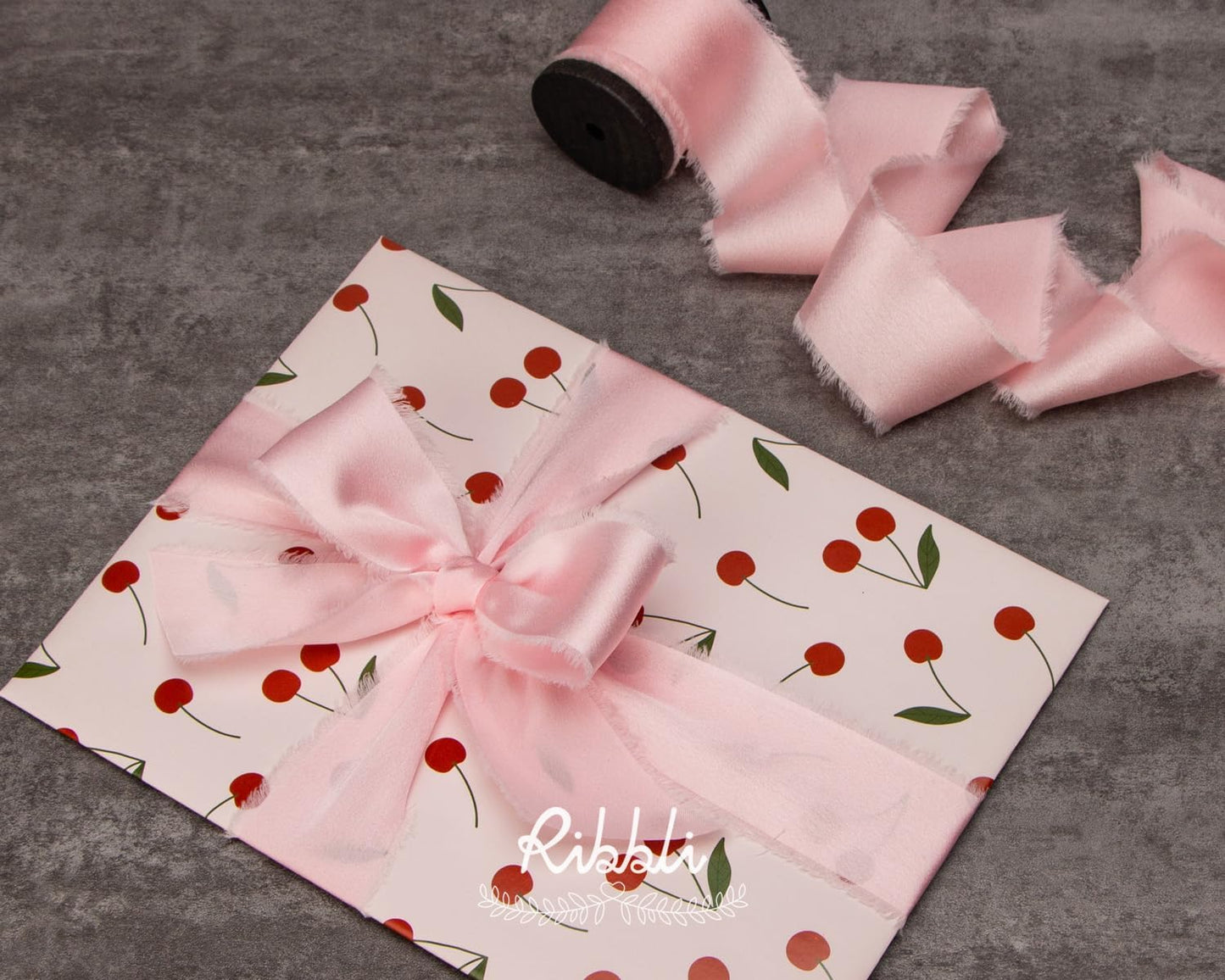 Ribbli Light Pink Silk Satin Ribbon 1.5 Inch x 12 Yard Handmade Frayed Chiffon Ribbon with Wooden Spool for Gift Wrapping, Wedding Invitations, Bridal Bouquets, Home Decor