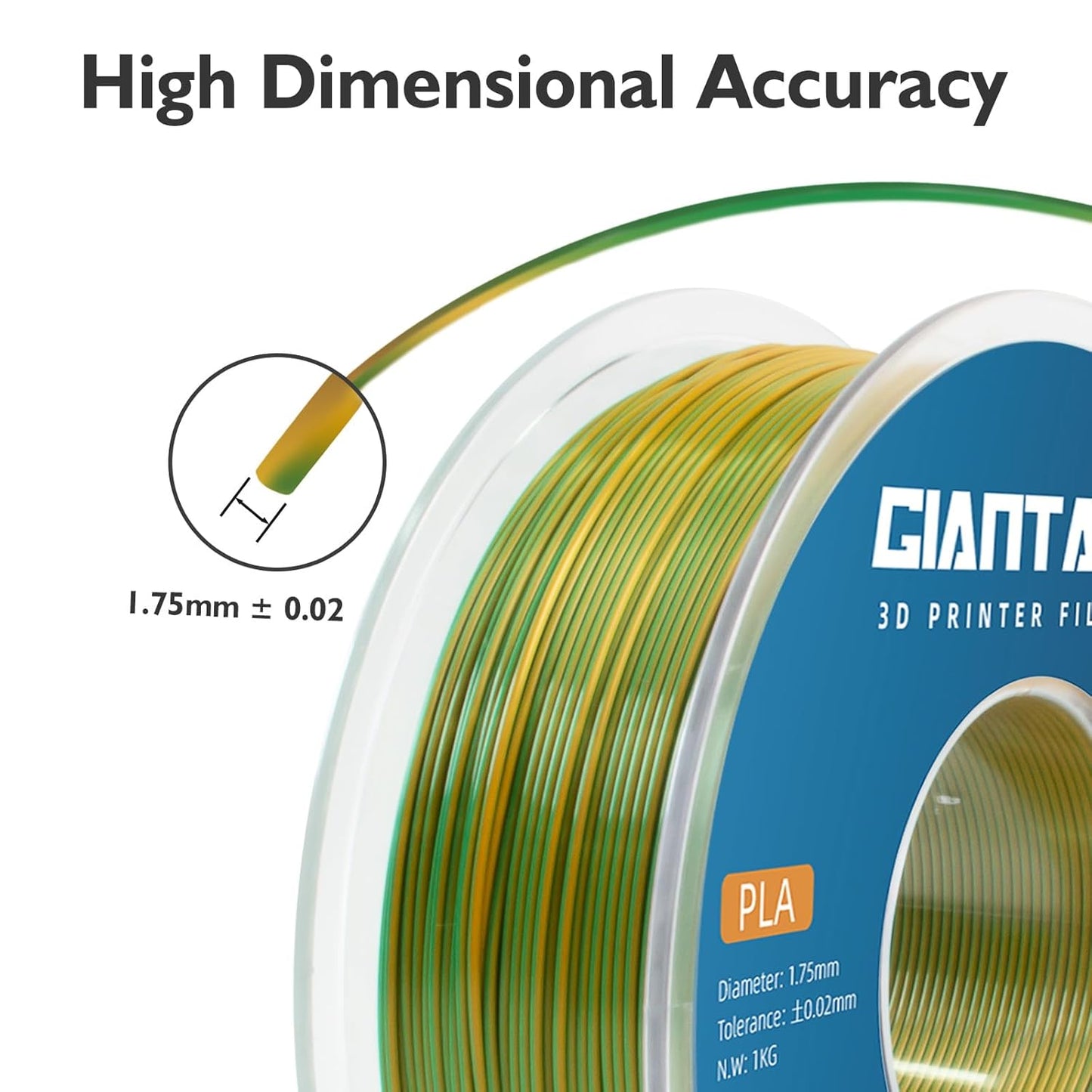 GIANTARM Dual Color PLA Filament, Silk PLA Filament 1.75mm +/-0.02mm,1KG Spool(2.2lbs) Vacuum Packaging, 3D Printing Filaments Fit Most FDM Printer