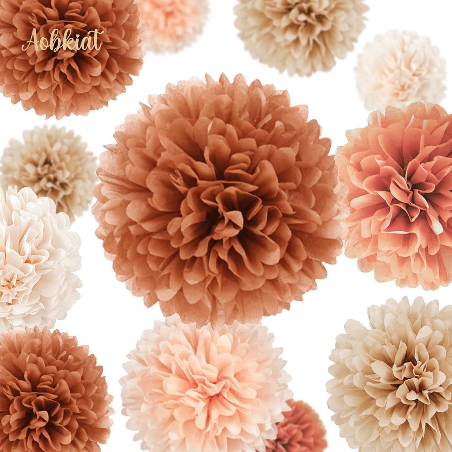 AOBKIAT Boho Fall Wedding Baby Shower Decorations,15PCS Brown Peach Tissue Paper Pom Poms,Circle Dots Colorful Paper Garland String Hanging Backdrop for Birthday Party,Retro Bridal Shower Engagement
