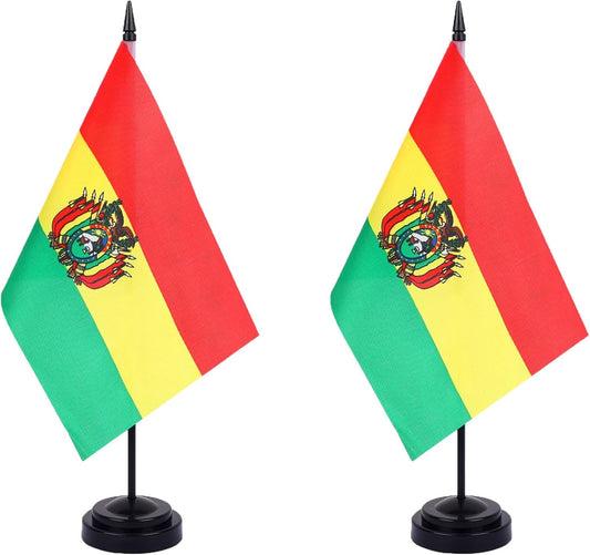 WXTWK 2 Pack Bolivia Flag Bolivia Deluxe Desk Flag Set - Mini Small Bolivian Table Office Flags with Black 12" Solid Pole Stand Base Classroom Meeting Desktop Decorations