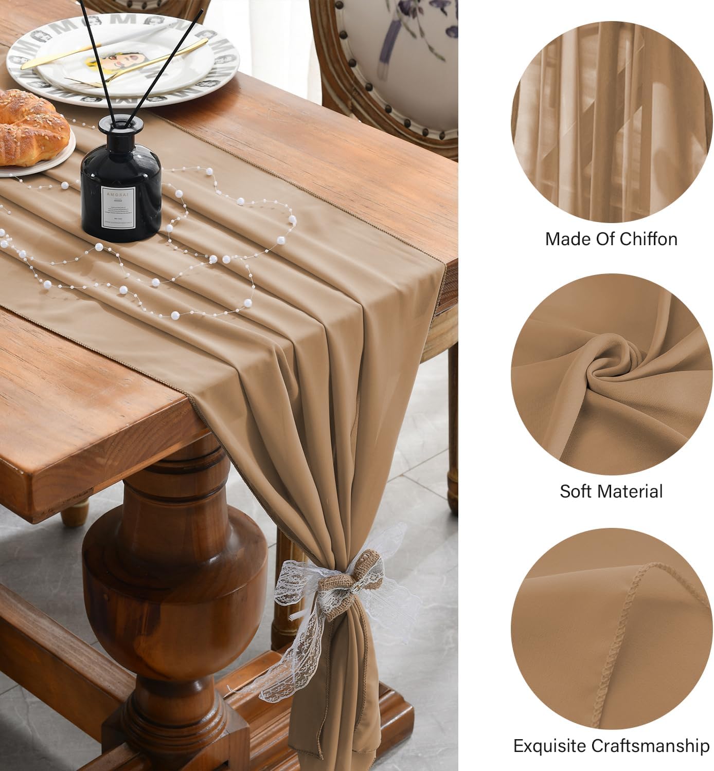 2 Pack 10 Ft Chiffon Table Runner Brown Gauze Long Table Runners 27x120 Inches Sheer Tulle Table Runner for Rustic Wedding Reception Bridal Shower Decorations Birthday Party