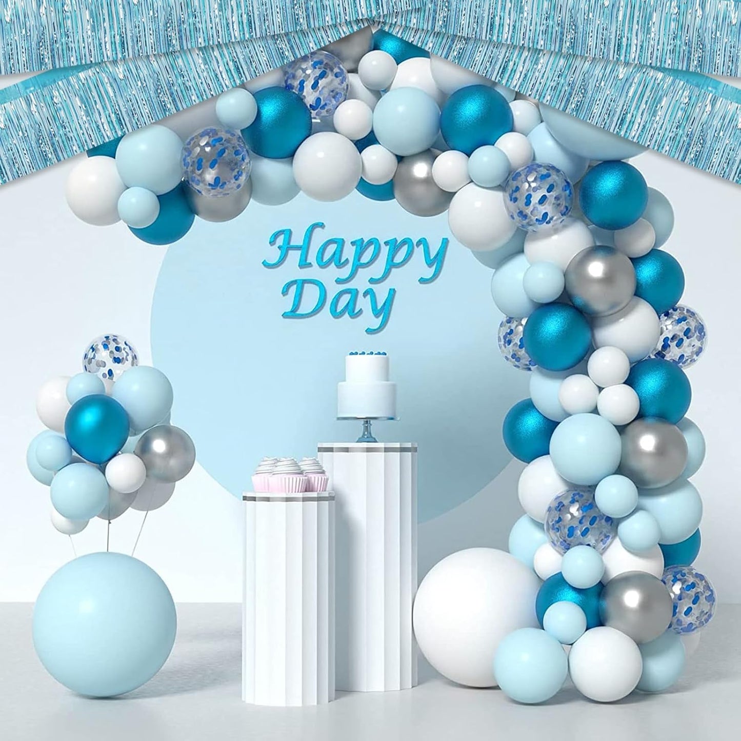 4 Pack 10 Feet Light Blue Foil Fringe Garland Metallic Tinsel Streamers Banner Wall Hanging Curtain Backdrop for Parade Floats, Wedding, Graduate, Mother's Day, Birthday Party Decoration