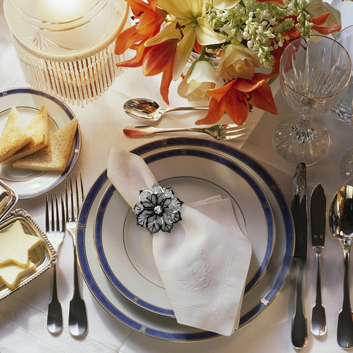 KPOSIYA Flower Napkin Rings Holder Metal Black Napkin Rings Set of 12 for Wedding Party Holiday Banquet Christmas Dinner Delicate Serviette Buckles Decor Favor (12, Black)