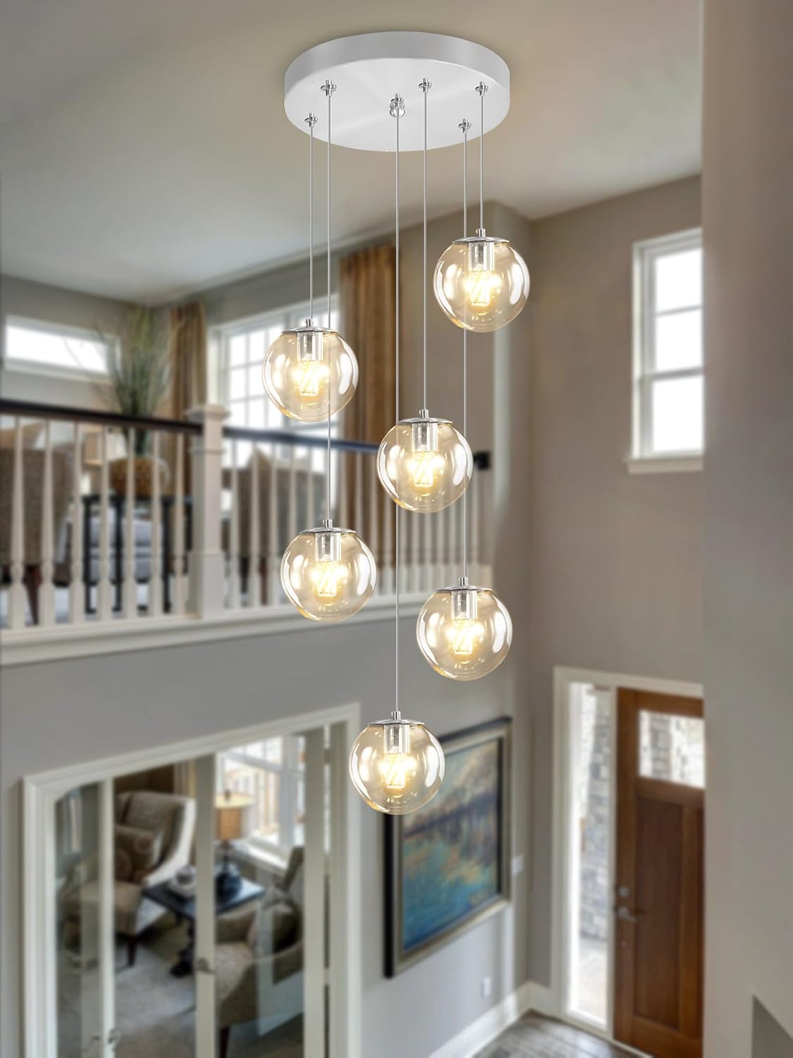 H 87in Modern Glass Globe Chandelier 6-Lights Glass Pendant Light for Staircase Silver Globe Chandelier Clear Glass Hanging Lighting for Living Room Bedroom Entryway