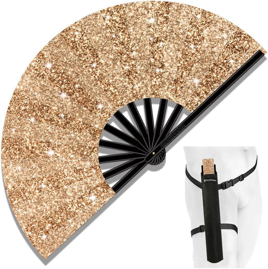 13" Large Folding Rave Fan with Holster, Clack Hand Fans Foldable for Line Dancing, Boots On The Ground Fan for Women Men Festival EDM Party Decoration, Glitter Champagne
