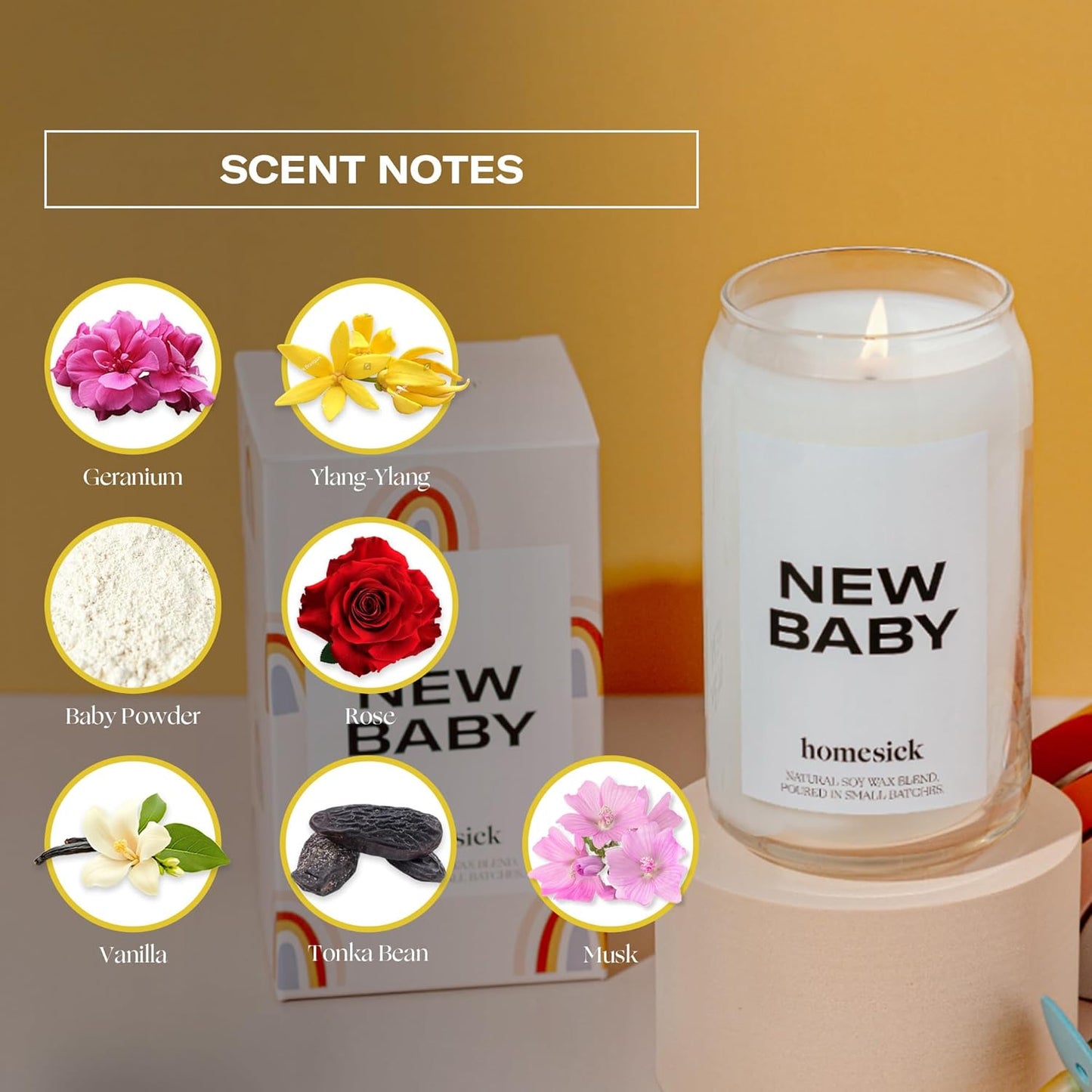 Homesick Scented Candles for Home (New Baby) - 13.75 oz Long-Lasting Natural Soy Wax Blend Jar Candle Gifts & Couples Baby Shower Favors, 60-80 Hours Burn Time - Notes of Geranium & Vanilla