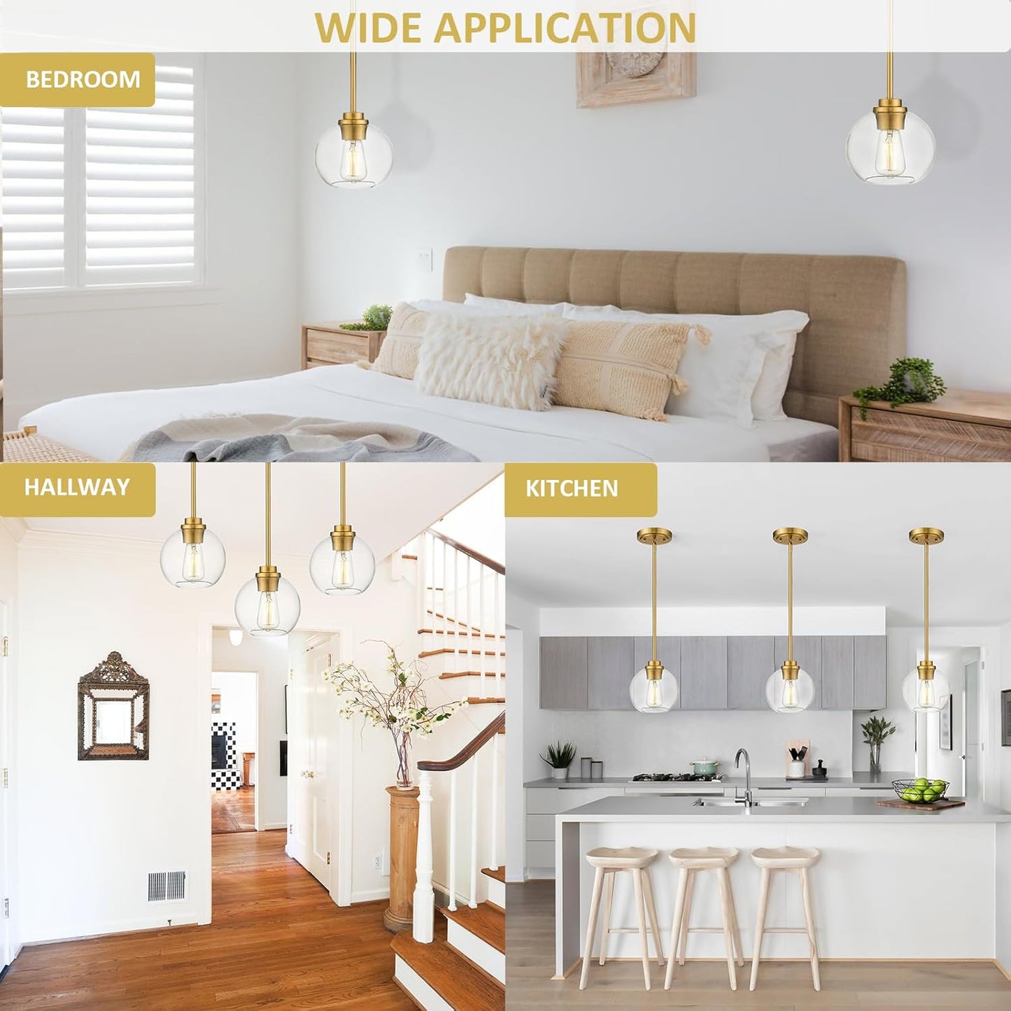 Globe Glass Pendant Lights Kitchen Island, Farmhouse Gold Pendant Lights with Clear Glass Shade,Adjustable Hanging Light Fixture for Dining Room, Entryway, Bedroom 2 Pack