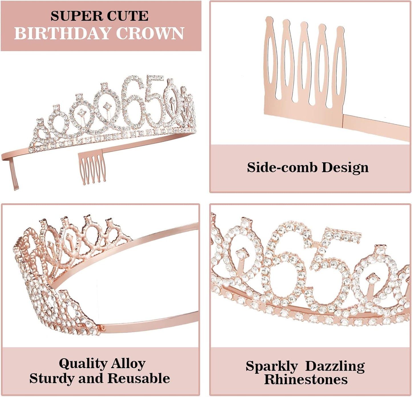65th Birthday Decorations for Women, Including Sash, Crown/Tiara, Candles, Cake Topper, 65th Birthday Gifts for Women