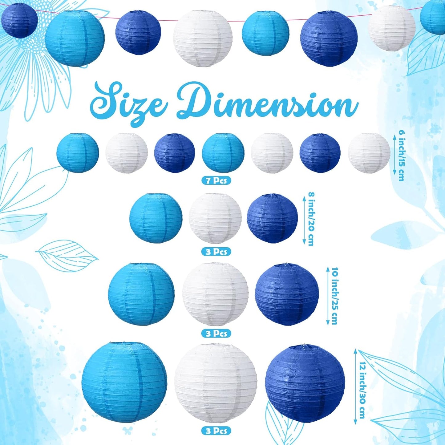 Riakrum 16 Pcs Blue and White Paper Lanterns Birthday Party Decorations Mixed Size 6'' 8'' 10'' 12'' Colorful Chinese Hanging Paper Lanterns for Wedding Home Decorations Supplies