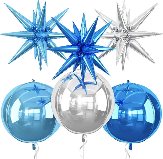 6Pcs Blue Silver Foil Balloons,22Inch Light Blue Silver 4D Round Ball Balloon and Explosion Star Balloon for Birthday Wedding Baby Shower Prom Party Anniversary Decorations