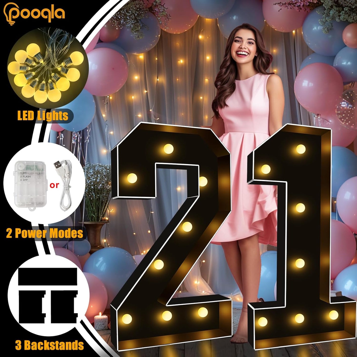 Pooqla 3FT Marquee Light Up Numbers, Black Lighted Party Decor for her him Women Men, Giant Mosaic Light Up Numbers for 6th 16th 60th Birthday Anniversary Decoration, Number 6