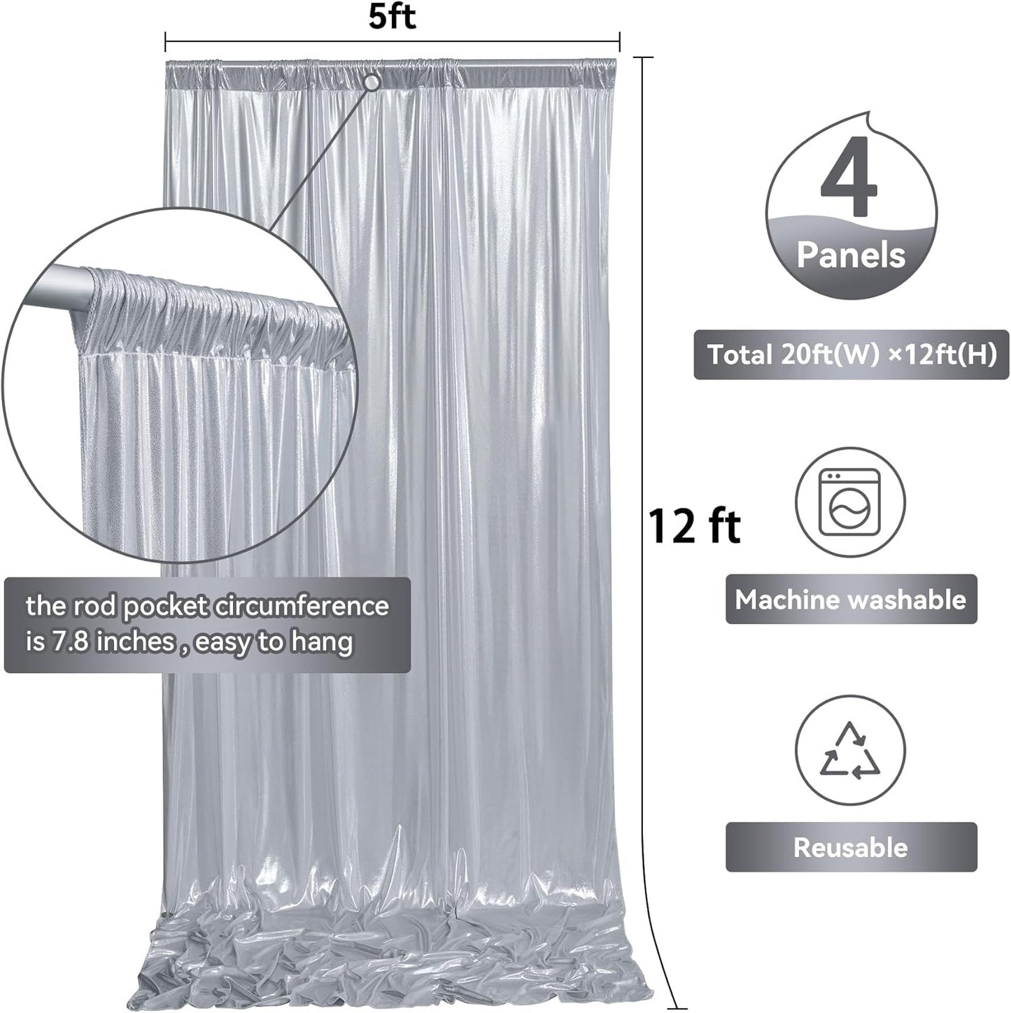 20ftx12ft Silver Sequin Backdrop Curtain Panels for Parties, Wrinkle Free Glitter Photo Backdrop Drapes 4 Panels 5x12FT Shimmer Back Drop Cloth for Wedding Birthday Christmas Photography Background