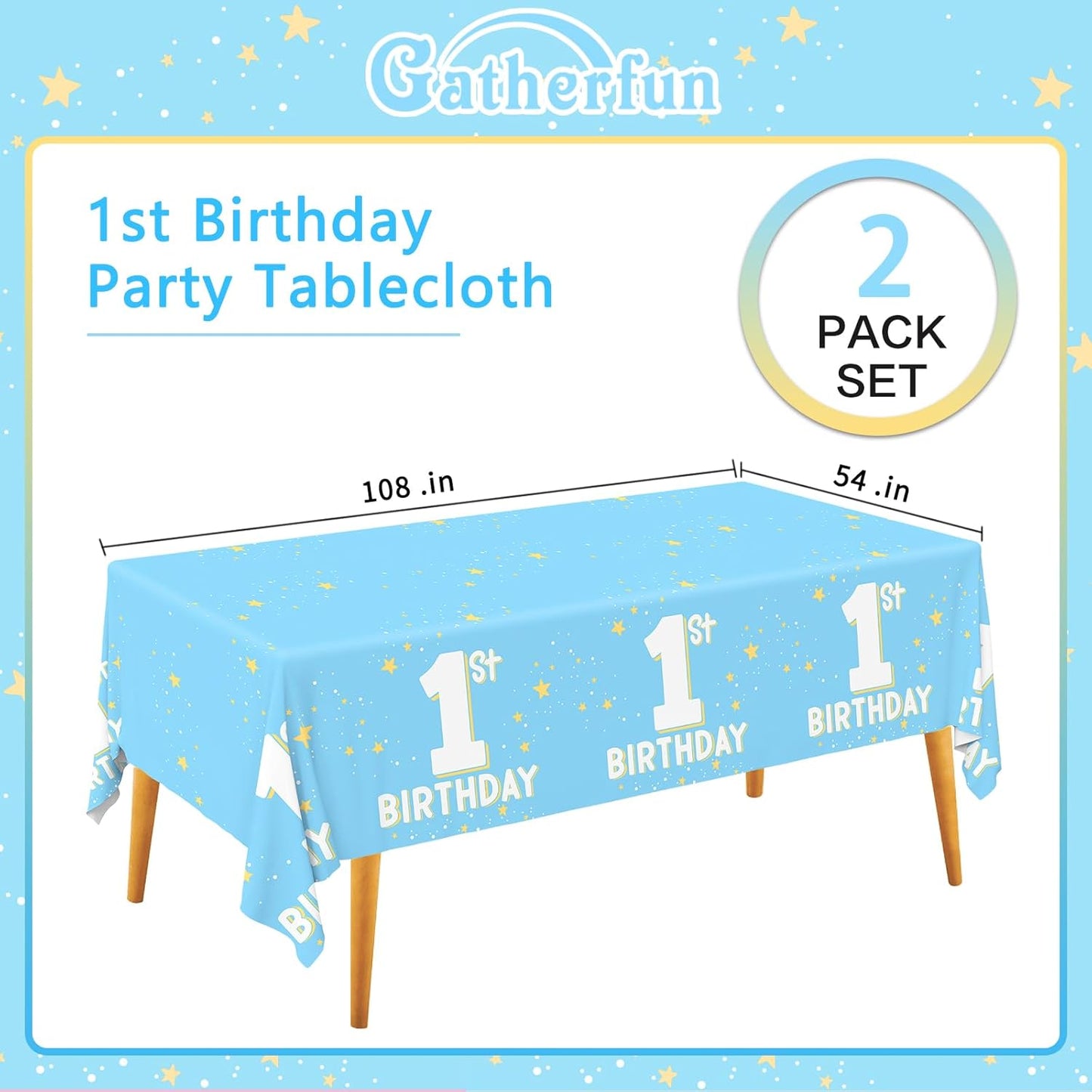Gatherfun Baby Blue Party Supplies Set: 1st Birthday Decorations, Includes 2-Pack Baby Boy -Themed Tablecloths for First Birthday Decorations, Disposable Table Covers 54 x 108 Inch