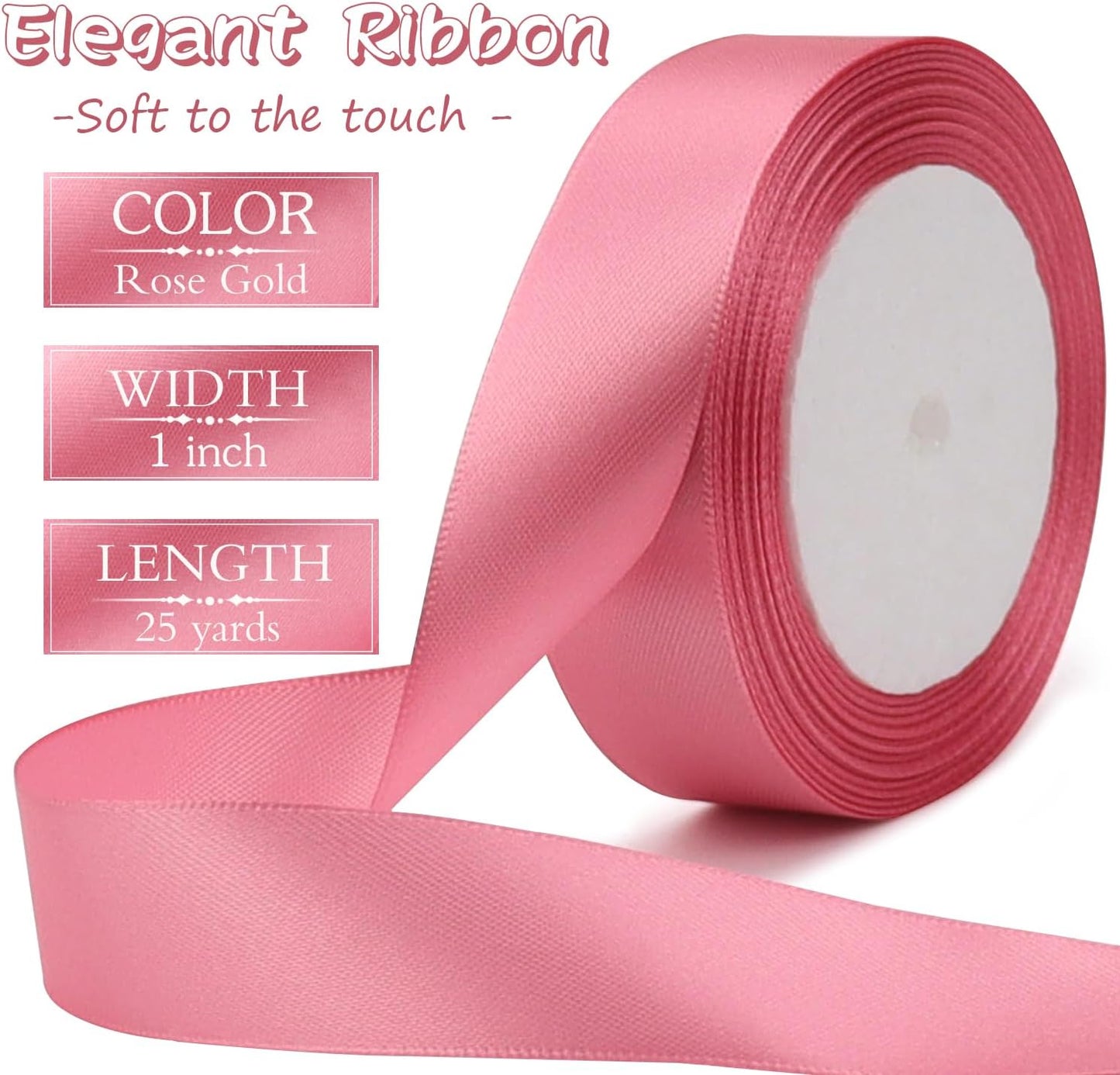 Rose Gold Solid Satin Ribbon 1 Inch 25 Yards Solid Polyester Fabric Ribbon for Gift Wrapping Wedding Christmas Baby Shower Birthday Party Decoration Handmade Immortal Flower Craft