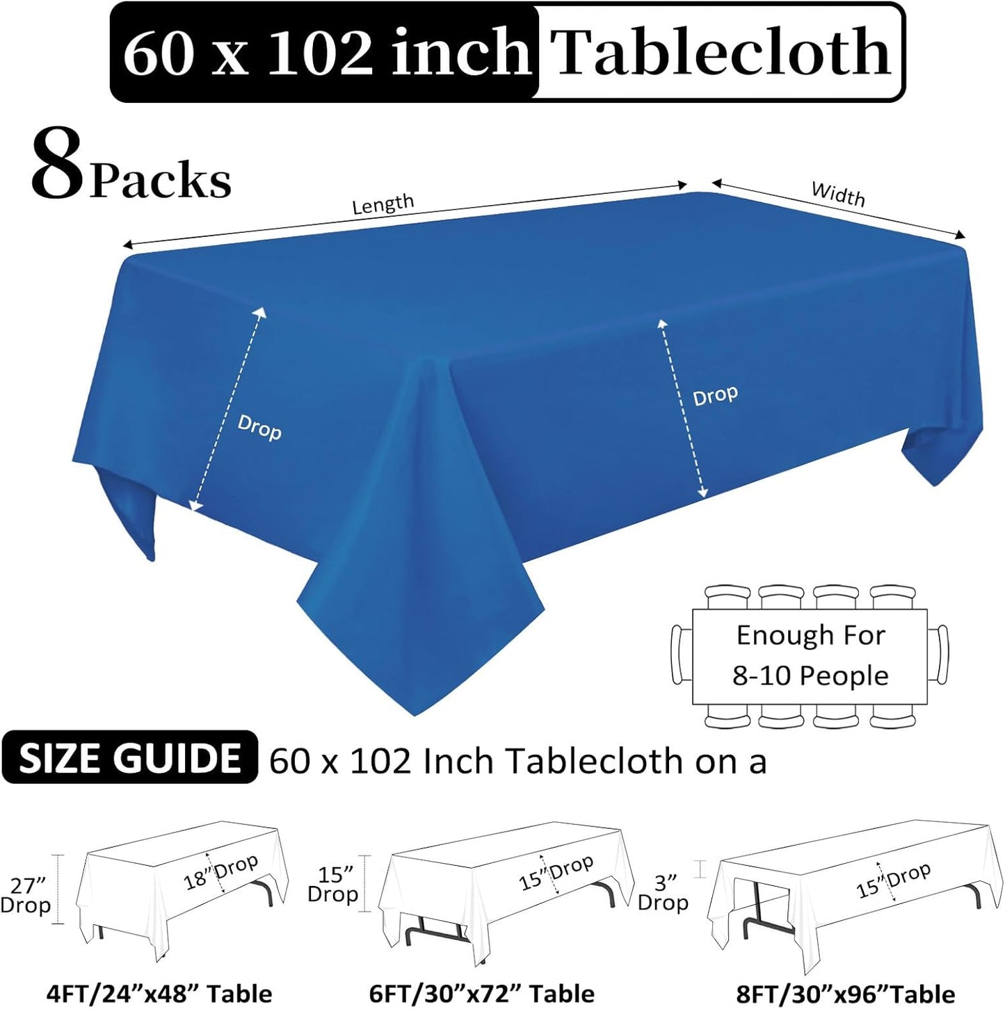 8 Pack Royal Blue Tablecloth 60 x 102 Inch Rectangular Tablecloths for 6 Foot Rectangle Tables, Wrinkle Resistant Blue Table Cloth Washable Polyester Fabric Cover for Party Wedding Banquet