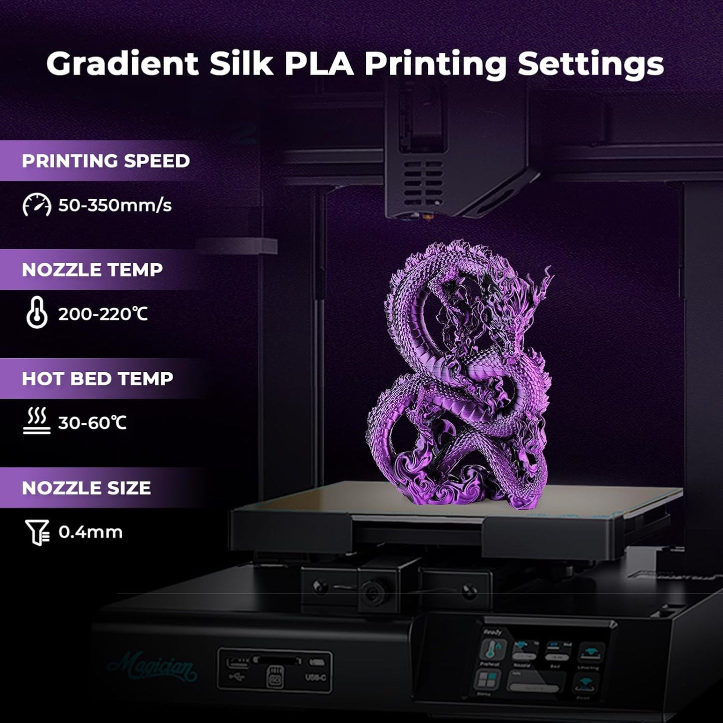 AMOLEN Silk PLA 3D Printer Filament, Dual Color PLA 1.75mm Shiny Color Change Filament 3D Printing PLA Filament for Most FDM 3D Printer, 1kg Spool(2.2lbs), Black Purple