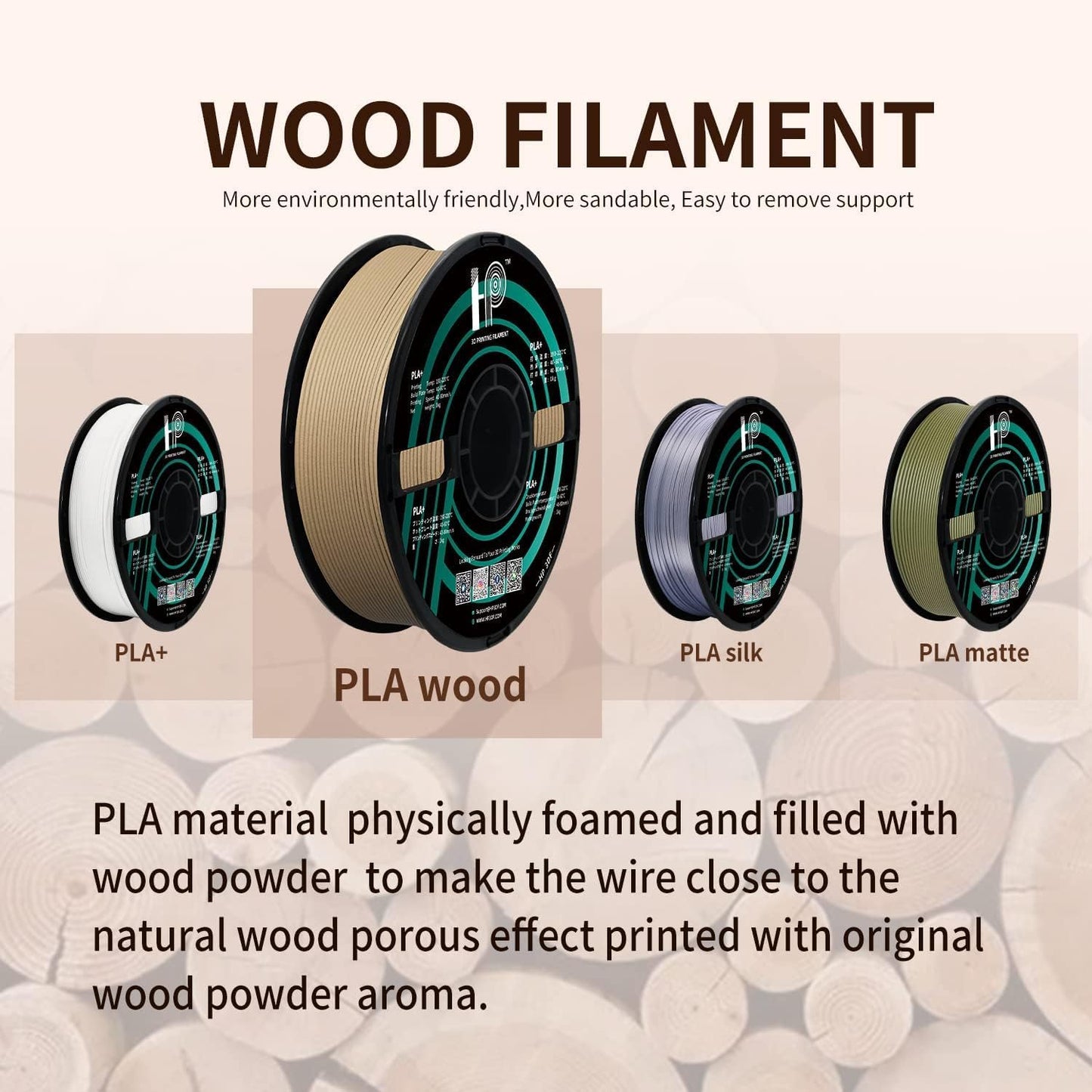 PLA Filament, Wood PLA, 3D Printer Filament, PLA Filament 1.75mm Dimensional Accuracy +/- 0.02mm, 1KG Spool (2.2 lbs), Fit Most FDM Printer (Wood)