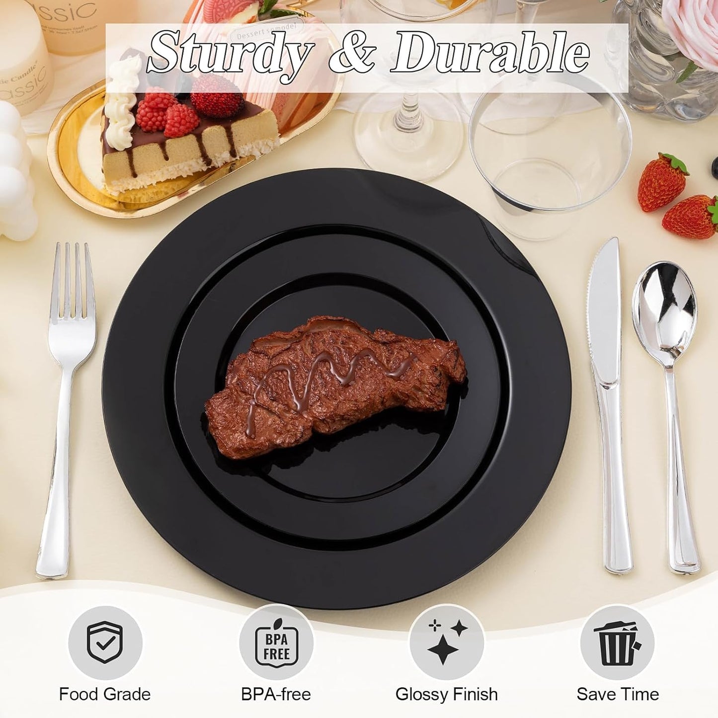 100PCS Black Plastic Plates Set, 50 10.25 inch Dinner Plates and 50 7.5 inch Dessert Plates, Premium Disposable Plates for Party, Wedding,Halloween