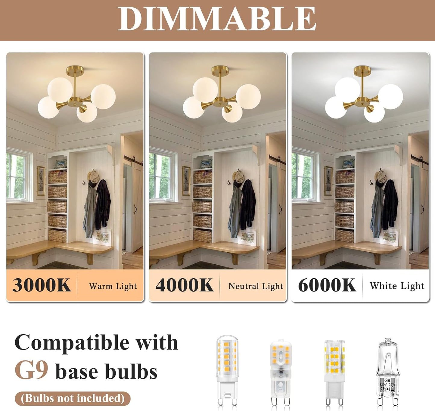 KCO Lighting Modern Globe Ceiling Light Gold Semi Flush Mount Sputnik Chandelier Mid Century Frosted Glass Ceiling Lamp for Living Room Dining Room Bedroom (4-Light)