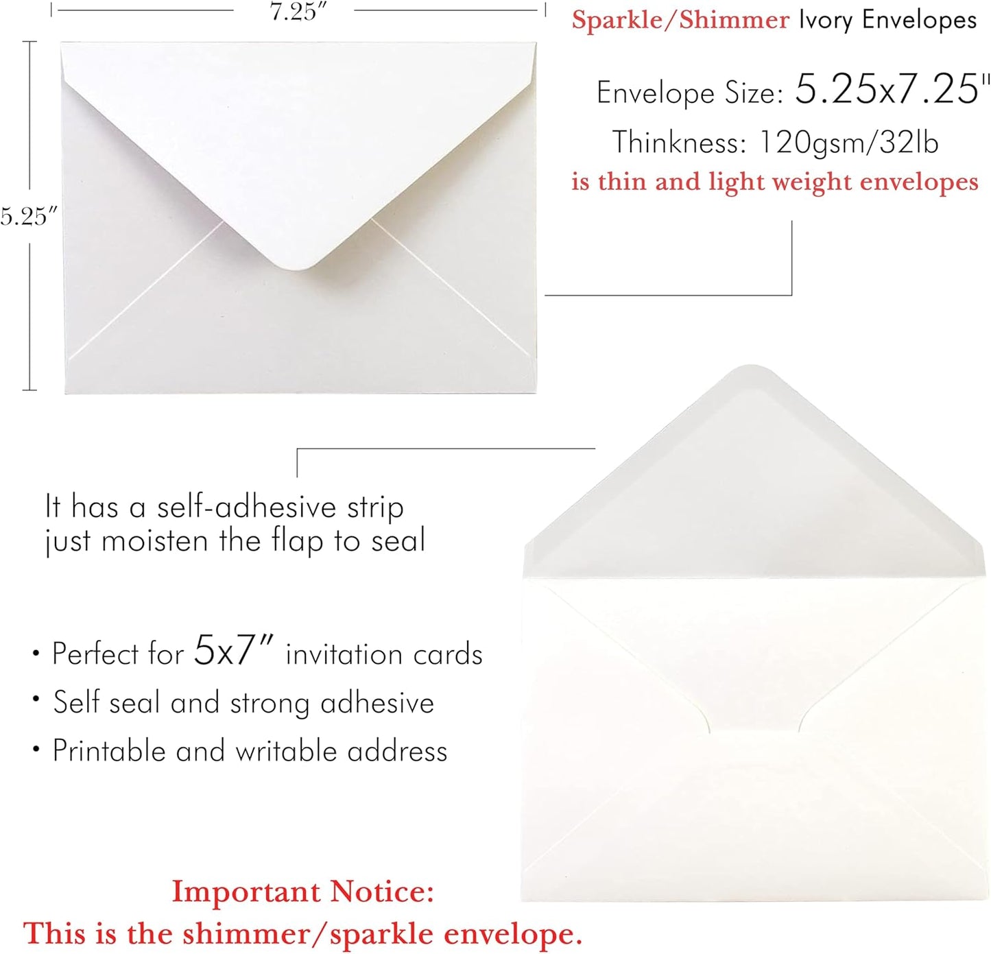 PONATIA 50 PCS/Pack A7 Envelopes, 5.25 x 7.25'' Sparkle Ivory Envelope, Perfect 5x7 Envelopes for Wedding Invitation Cards, Christmas Gift Cards Envelope, Acrylic Invitations, Photos