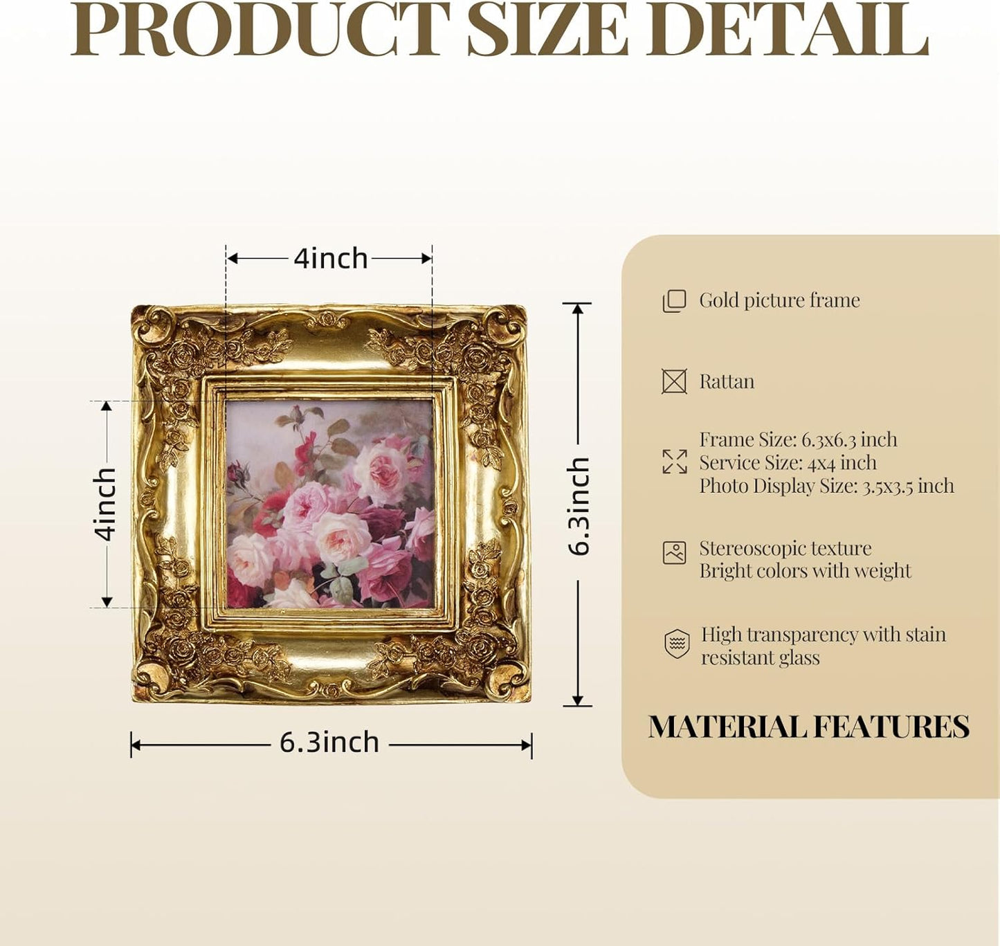 Cuspin Gold Picture Frame 4x4 Frames, Ornate Square Resin Photo Frame with Rose Floral Carvings and Glass Front, Vintage Antique Decorative Picture Frame for Tabletop Display or Home Decor