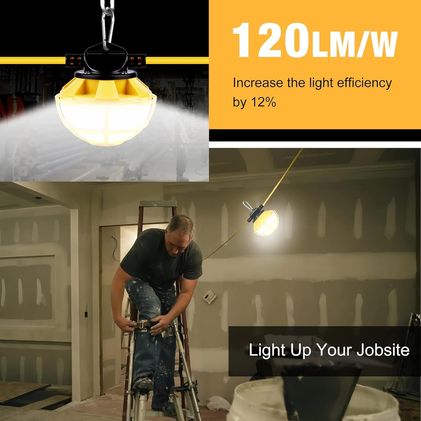 100FT Construction String Lights with Cage, IP65 Waterproof LED String Work Lights, 5000K Daylight 18AWG Wire Linkable Temporary Construction Lighting for Jobsite with 10 Bulbs & Hooks