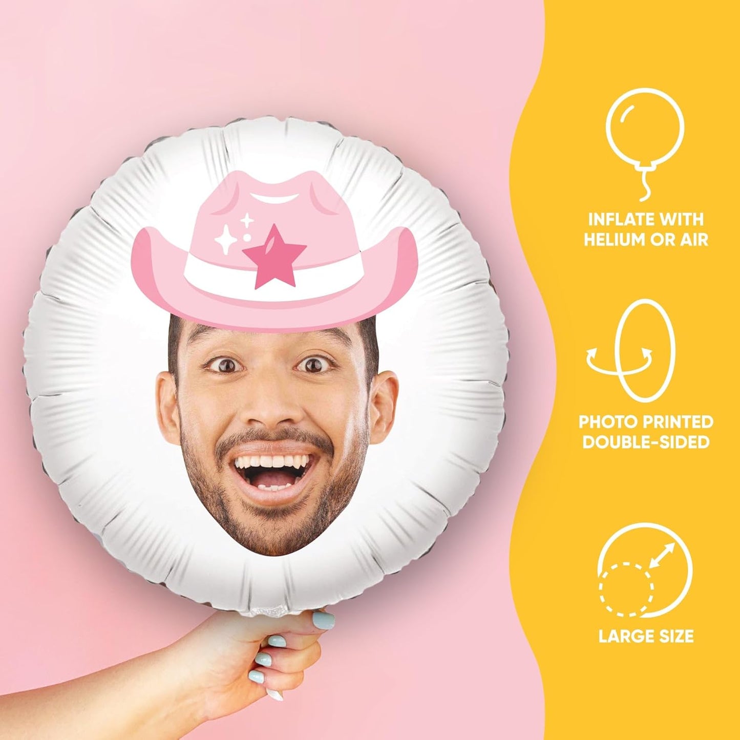 Big Dot of Happiness Personalized Pink Rodeo Cowgirl Fun Face Photo Balloon, Western Bachelorette or Birthday Party Decorations, Custom Double-Sided Circle Mylar, 1 Piece