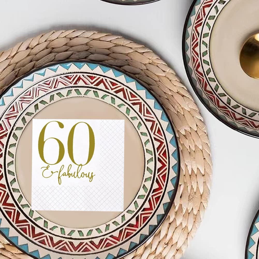 SharkBliss 60 and Fabulous Birthday Cocktail Napkins, 100 Pack Gold 60 and Fabulous Happy Birthday Cocktail Beverage Napkins for His Her Sixty 60th Birthday | 2-Ply, 5x5" (60 and Fabulous Napkins)