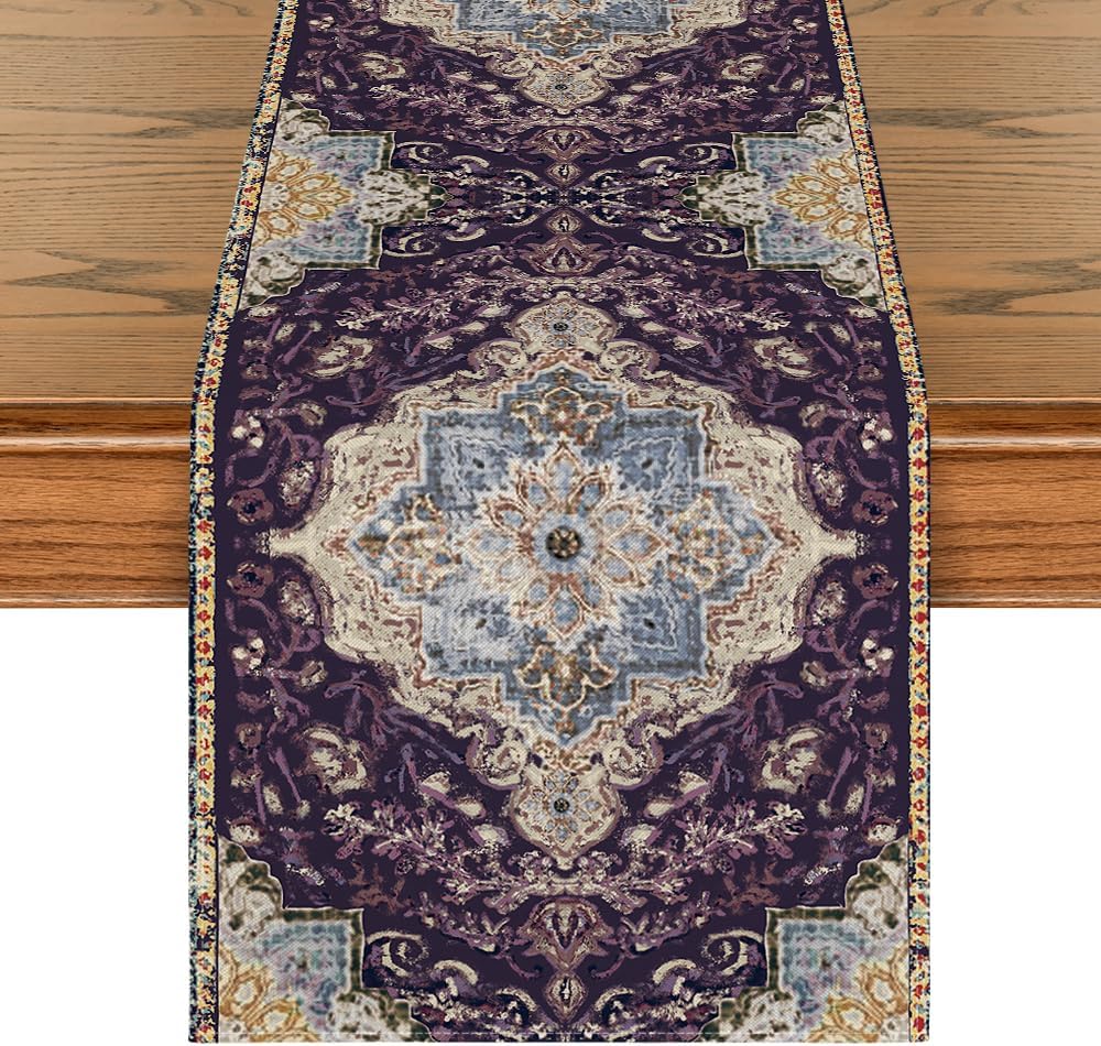 Artoid Mode Boho Bohemia Style Purple Table Runner, Country Rustic Farmhouse Magical Mardi Gras Kitchen Dining Table Decoration for Home Party Decor 13x72 Inch