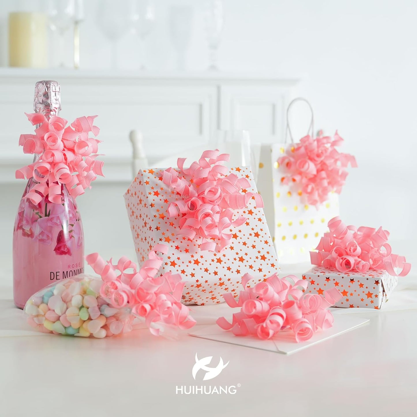 HUIHUANG Pink Bows for Gift Wrapping, Pink Curly Ribbon Bows Self Adhesive Burst Gift Bow for Presents, Wine Bottle, Treat Bags, Wrap Accessories, Bridal Shower Wedding Party Favor - 6 Counts