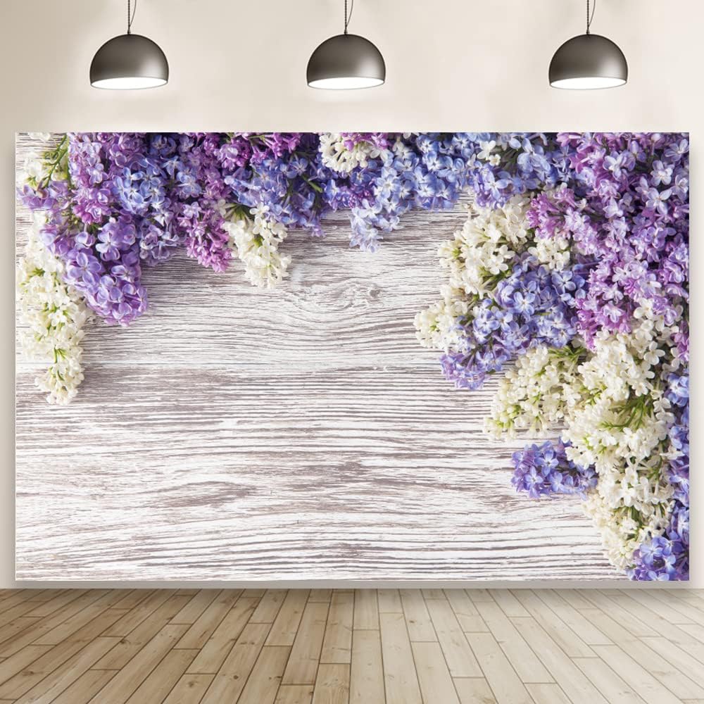 Purple Flower Wood Backdrop LFEEY 10x8ft Newborn Baby Shower Wooden Backdrop Photography Lilac Bloom Bouquet Wood Panel Wall Girls Adults Portrait Background Party Events Decoration Photo Studio Prop