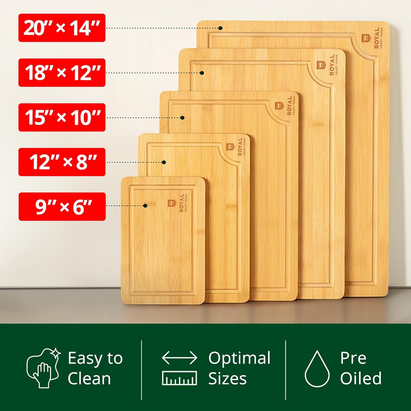 ROYAL CRAFT WOOD Wooden Cutting Boards for Kitchen Meal Prep & Serving - Bamboo Wood Serving Board Set with Deep Juice Groove Side Handles - Charcuterie & Chopping Butcher Block for Meat